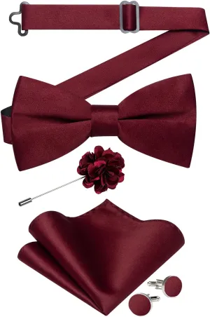 DiBanGu Mens Satin Pre-tied Bowtie Shiny Solid Bow Tie and Pocket Square Cufflinks Lapel Pin Set for Tuxedo Wedding Party