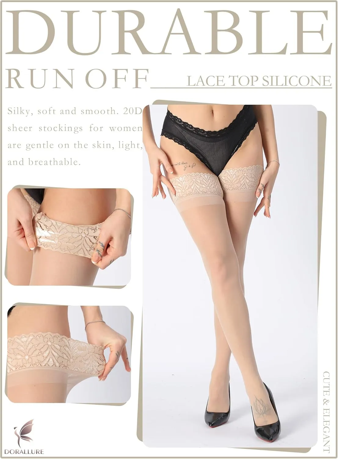 DORALLURE Thigh High Stockings Silicone Lace Top Stay Up Silky Semi Sheer Pantyhose for Women Hold Up Nylon