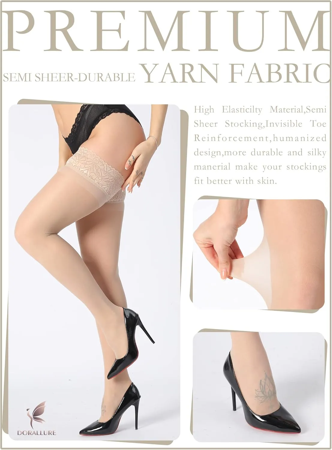 DORALLURE Thigh High Stockings Silicone Lace Top Stay Up Silky Semi Sheer Pantyhose for Women Hold Up Nylon