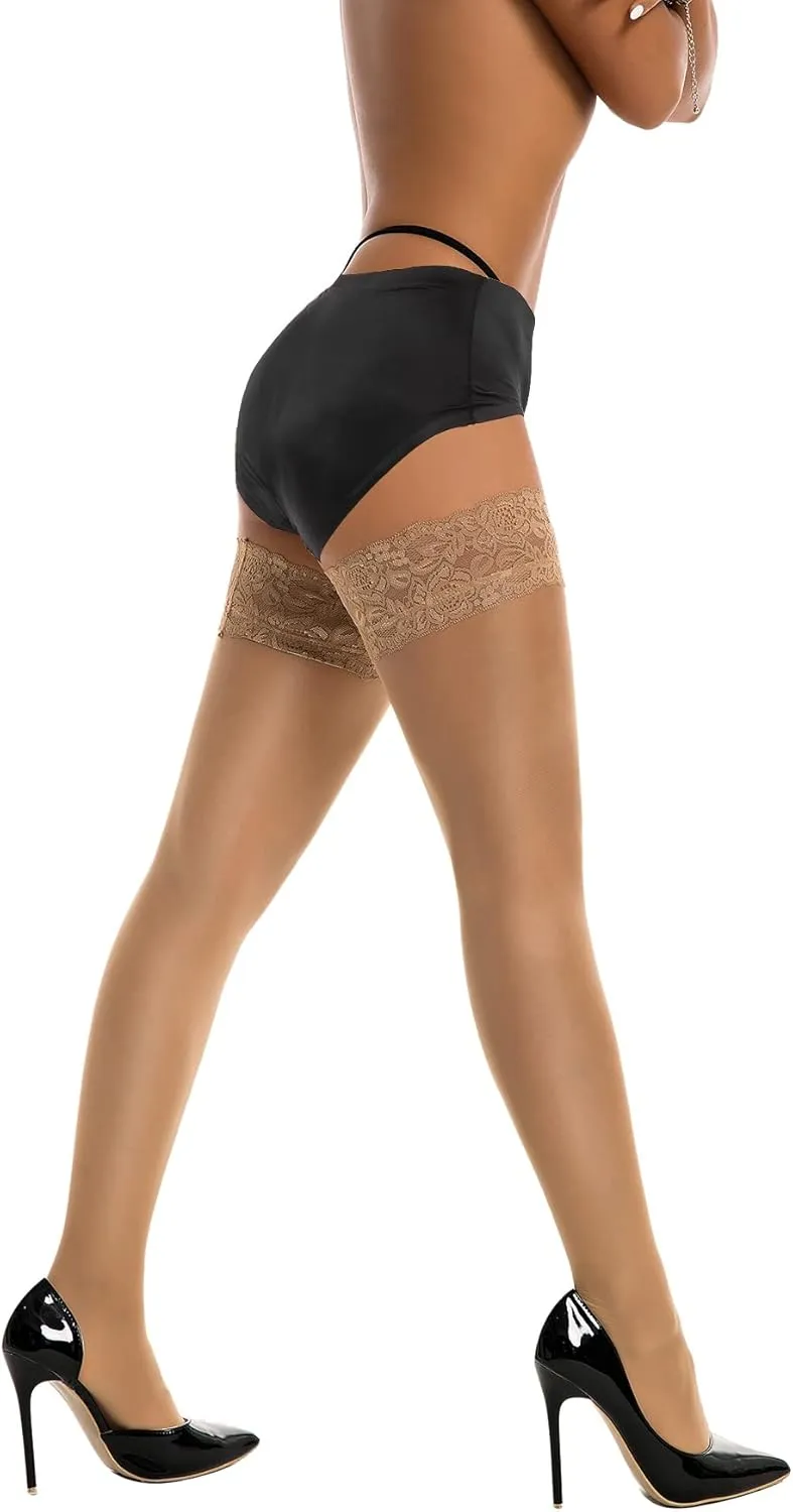 DORALLURE Thigh High Stockings Silicone Lace Top Stay Up Silky Semi Sheer Pantyhose for Women Hold Up Nylon