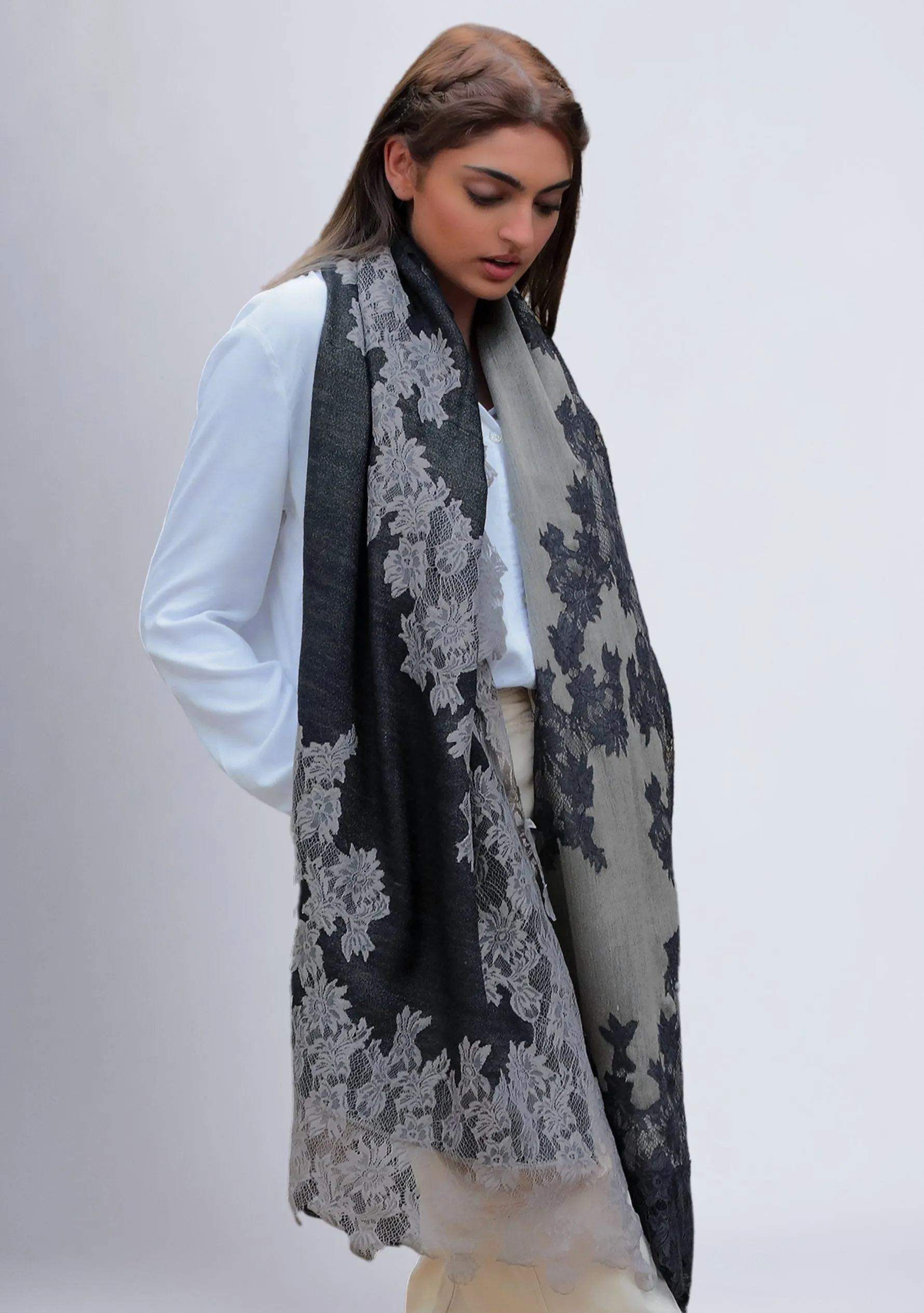 Dual Color Black and Taupe Reversible Wool and Silk Scarf with Dual Color Black and Taupe Floral Lace Application and Border