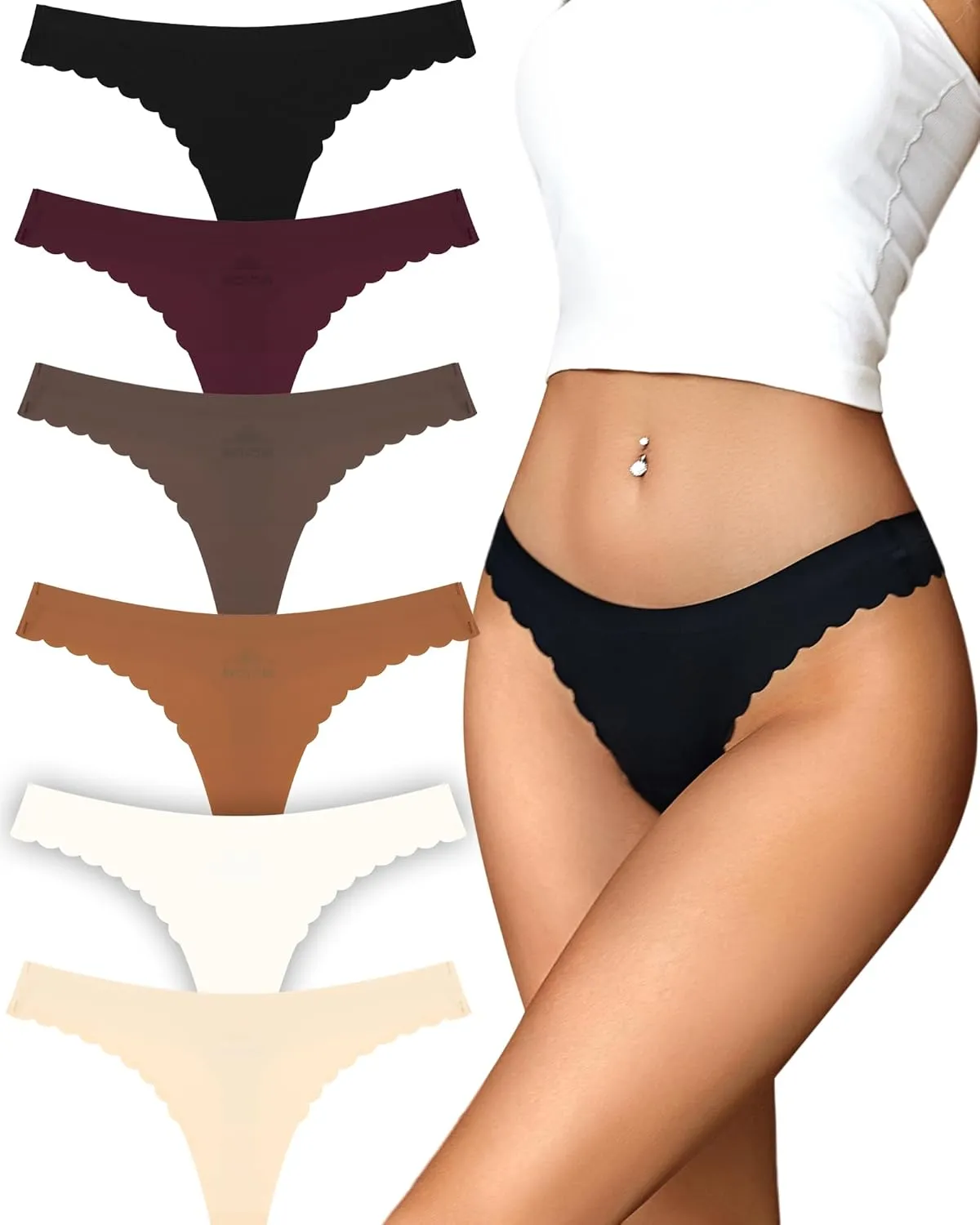 FINETOO 6 Pack Seamless Thongs for Women No Show Wavy Edge Side Women's Thong panties Ladies Underwear Sexy S-XL