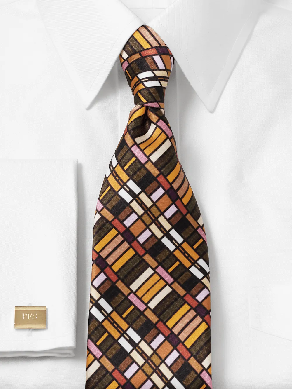 Geometric Printed Italian Silk Tie - Tan Multi