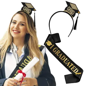 Graduation Headband and Shoulder Straps for Congrats Grad Party Supplies Bachelor Cap Headband with Doctoral Hat Black Sash Satin Tassels Tiaras for Graduation Party Dress up Favor Photo