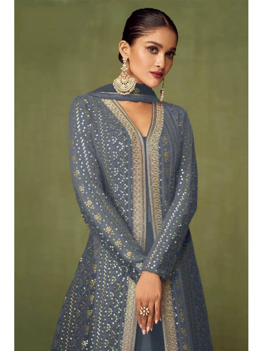 Grey Georgette Embroidery Anarkali with Dupatta Set