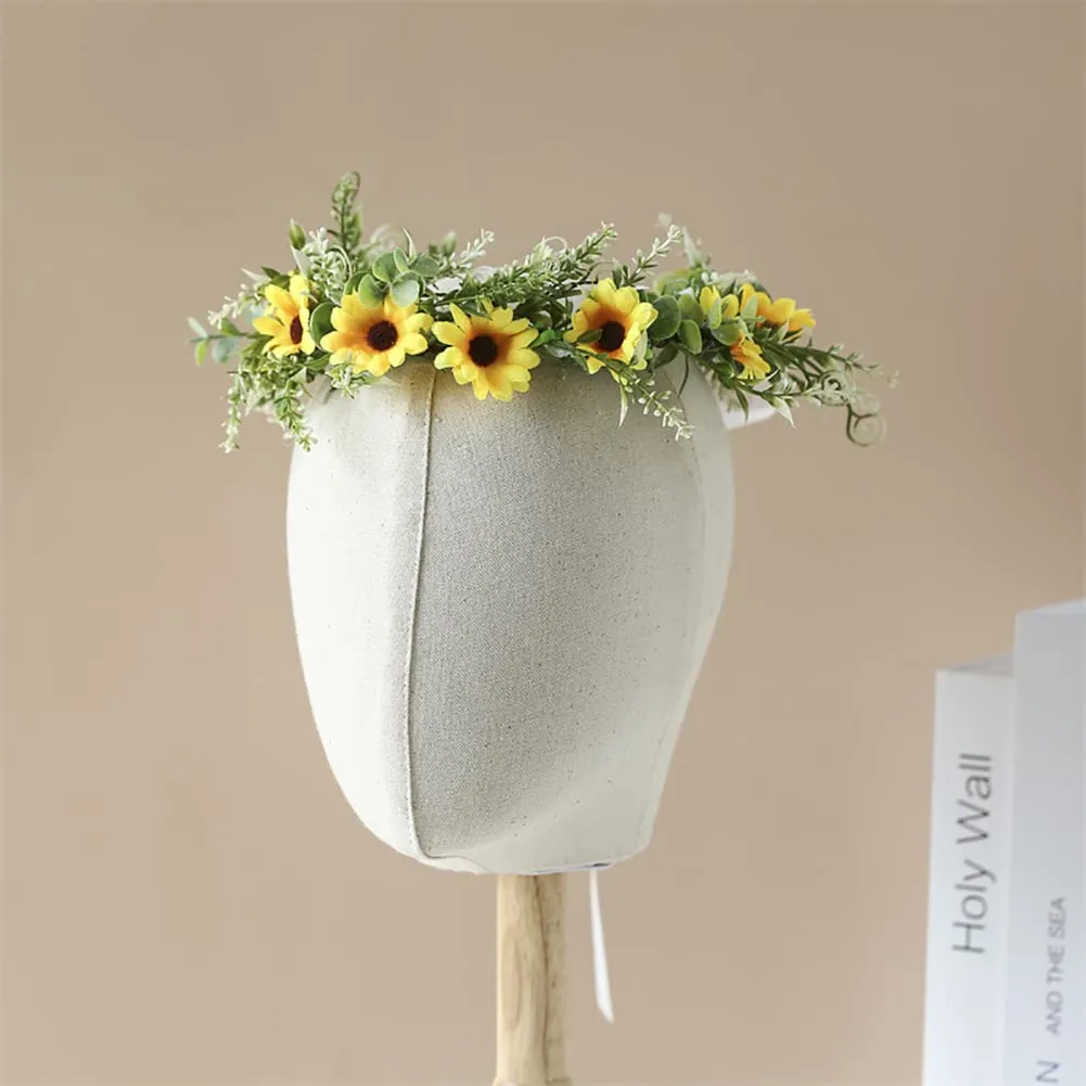 GSHLLO Daisy Flower Crown Headband Boho Flower Wreath Sunflower Floral Hair Wreath Adjustable Bridal Garland Headpiece for Women Girls Yellow