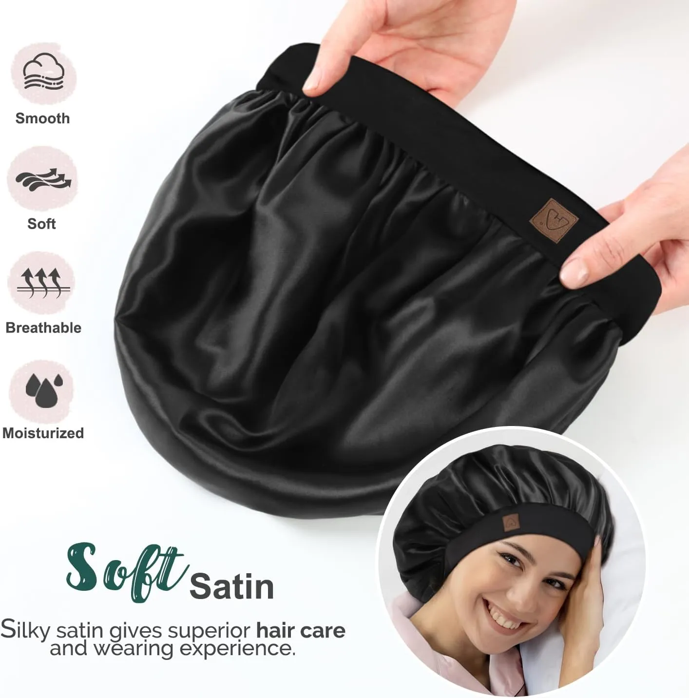 Hat Hut Satin Bonnet Silk Bonnet Sleep Cap for Women Hair Bonnet for Curly Hair Sleeping Adjustable Wide Band Double Layer