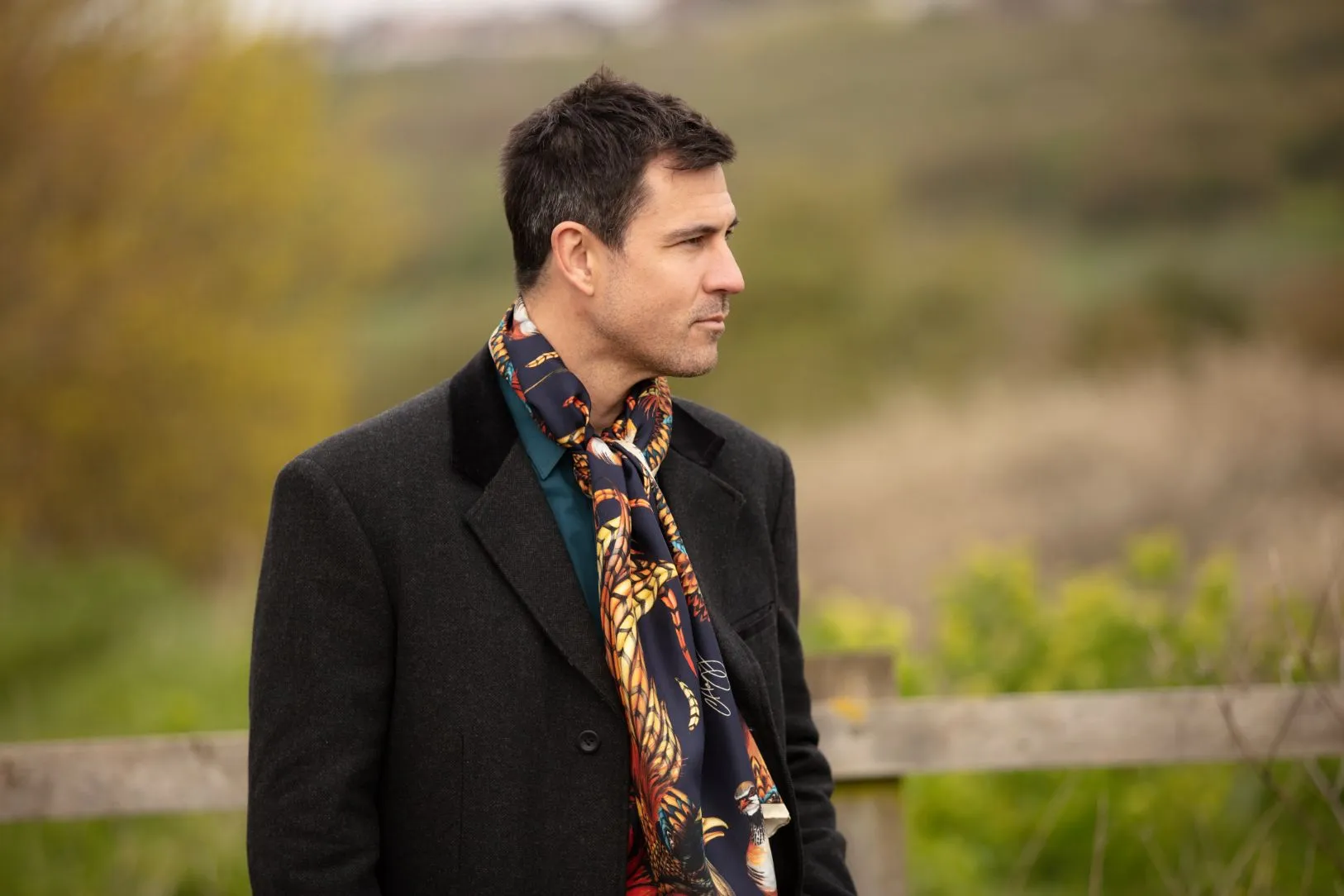 Here Come The Boys Silk Pheasant Scarf in Navy