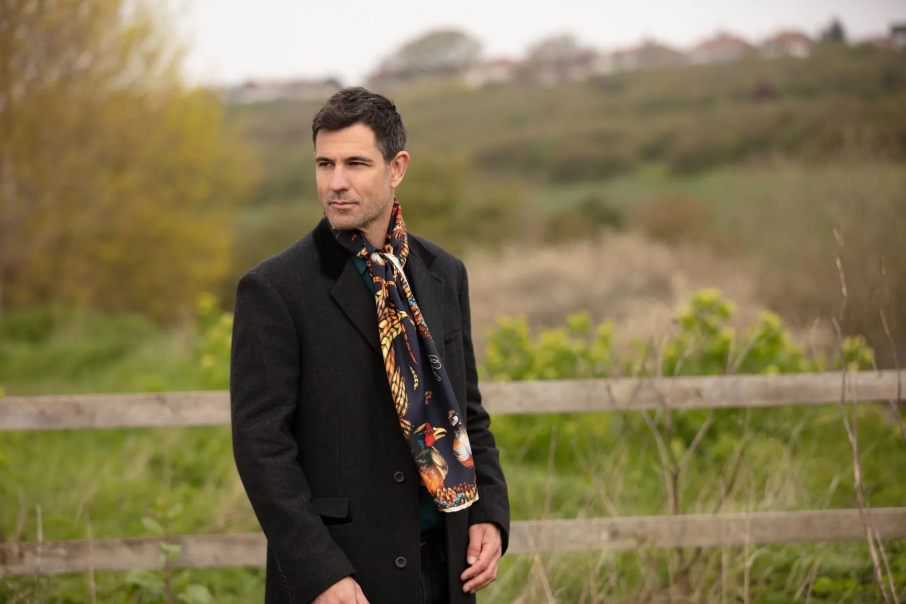 Here Come The Boys Silk Pheasant Scarf in Navy