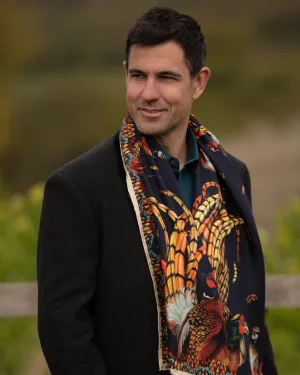 Here Come The Boys Silk Pheasant Scarf in Navy