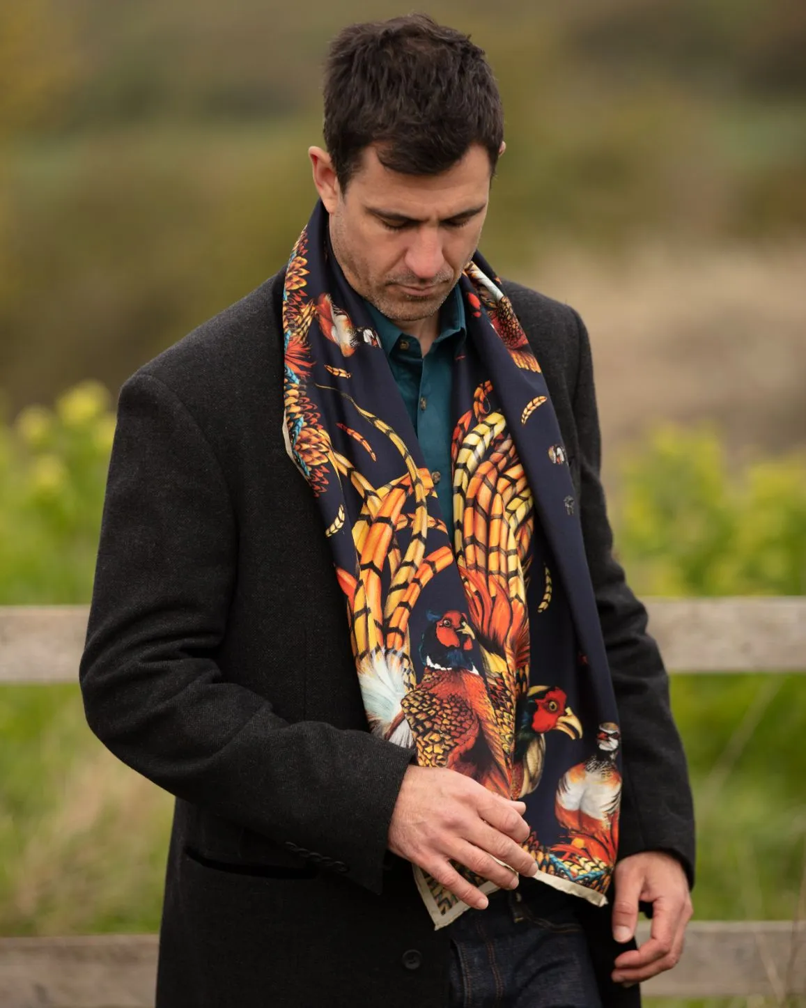 Here Come The Boys Silk Pheasant Scarf in Navy