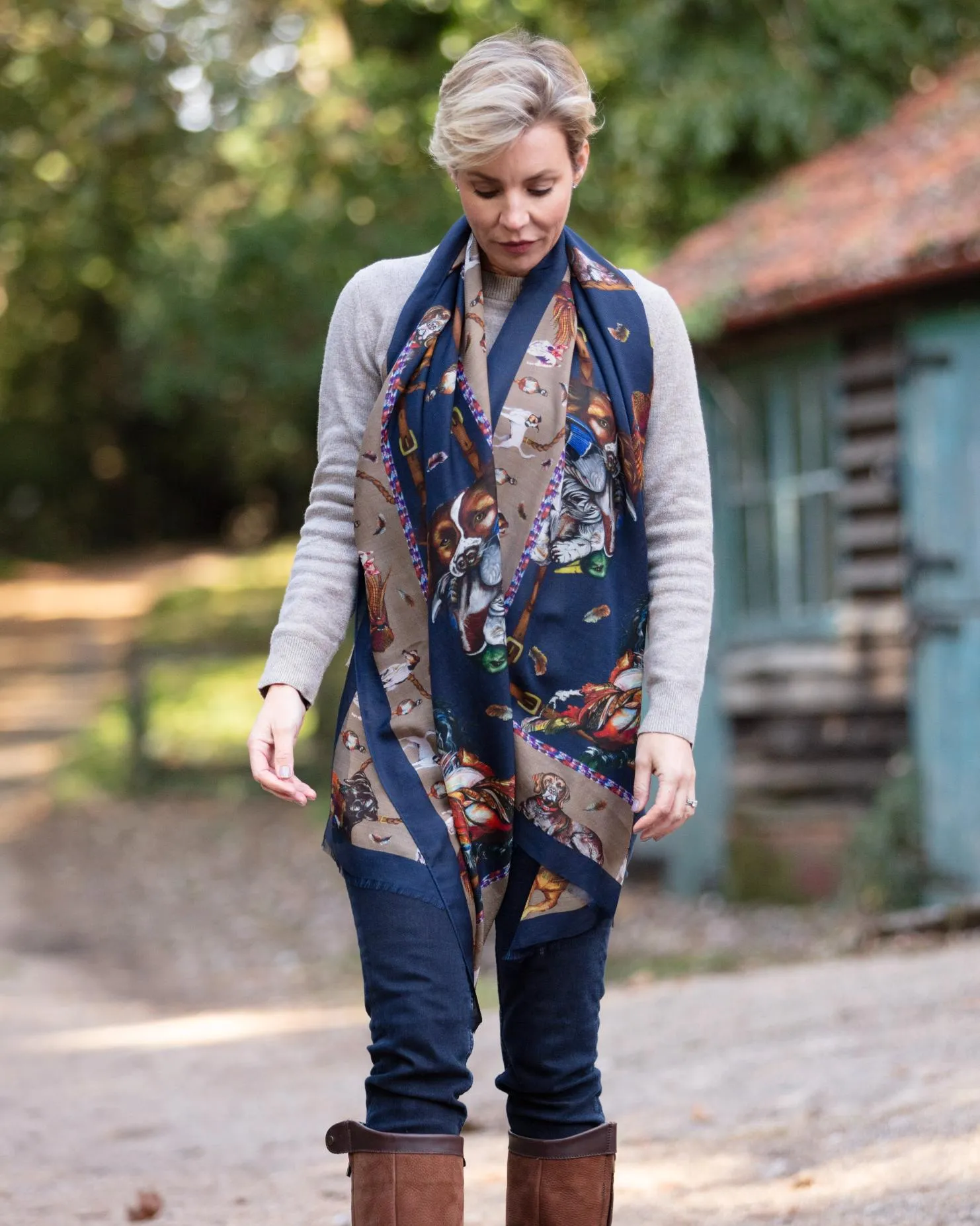 It’s A Dog's Life Navy Blue & Fawn Beige Wool Silk Wrap
