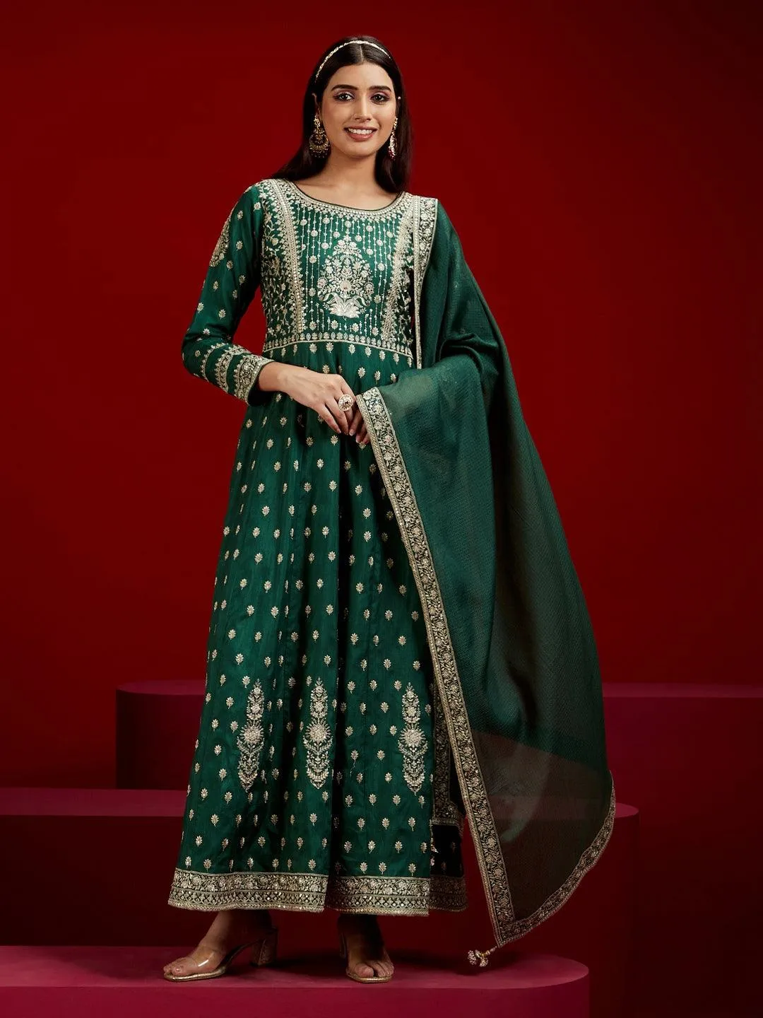 Jashvi Art Bottle Green Embroidered Silk A-Line Kurta With Trousers & Dupatta