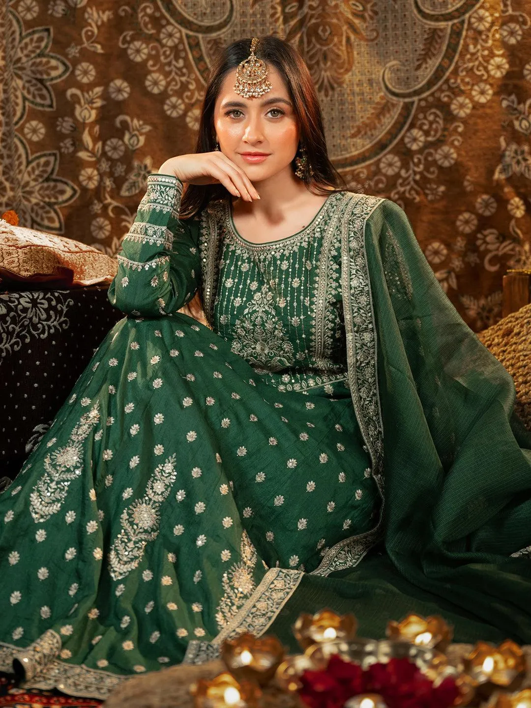 Jashvi Art Bottle Green Embroidered Silk A-Line Kurta With Trousers & Dupatta