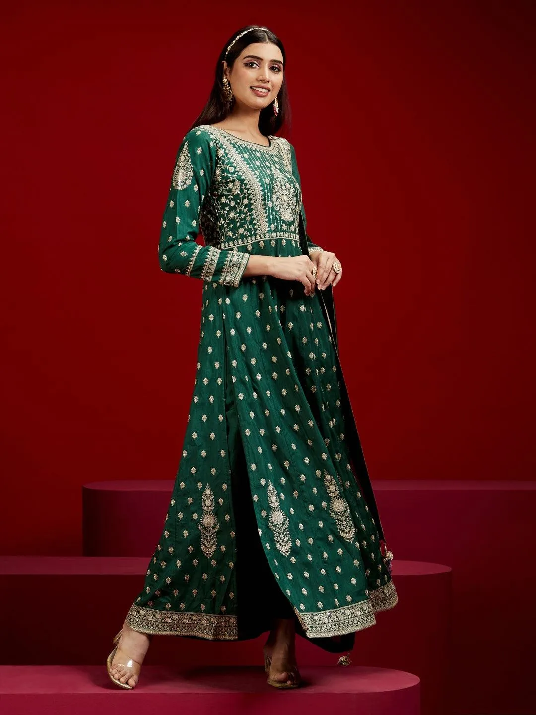 Jashvi Art Bottle Green Embroidered Silk A-Line Kurta With Trousers & Dupatta