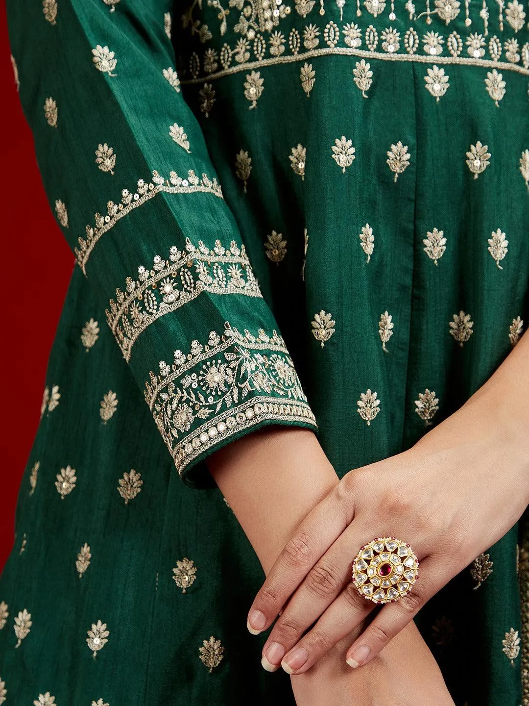 Jashvi Art Bottle Green Embroidered Silk A-Line Kurta With Trousers & Dupatta