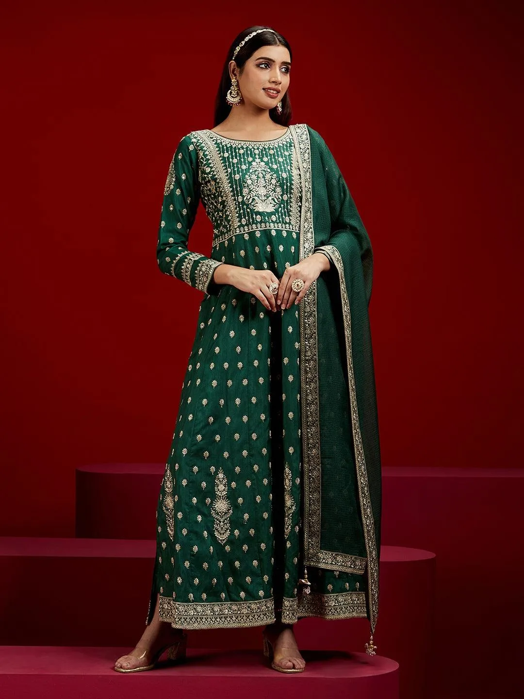 Jashvi Art Bottle Green Embroidered Silk A-Line Kurta With Trousers & Dupatta