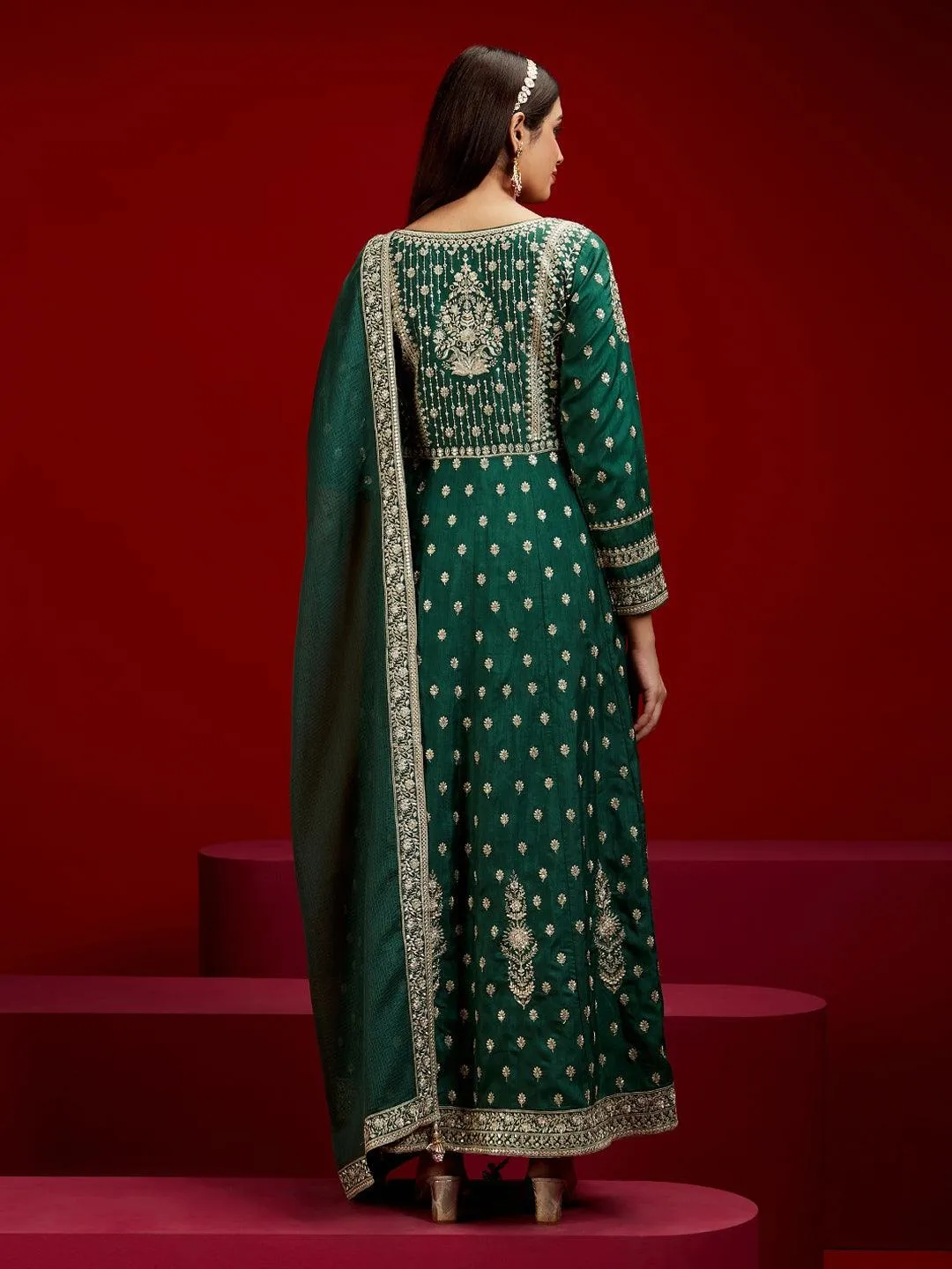 Jashvi Art Bottle Green Embroidered Silk A-Line Kurta With Trousers & Dupatta