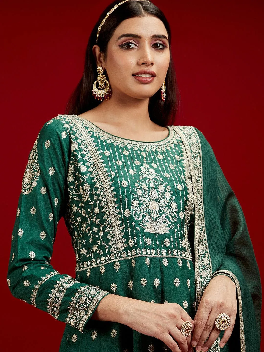 Jashvi Art Bottle Green Embroidered Silk A-Line Kurta With Trousers & Dupatta