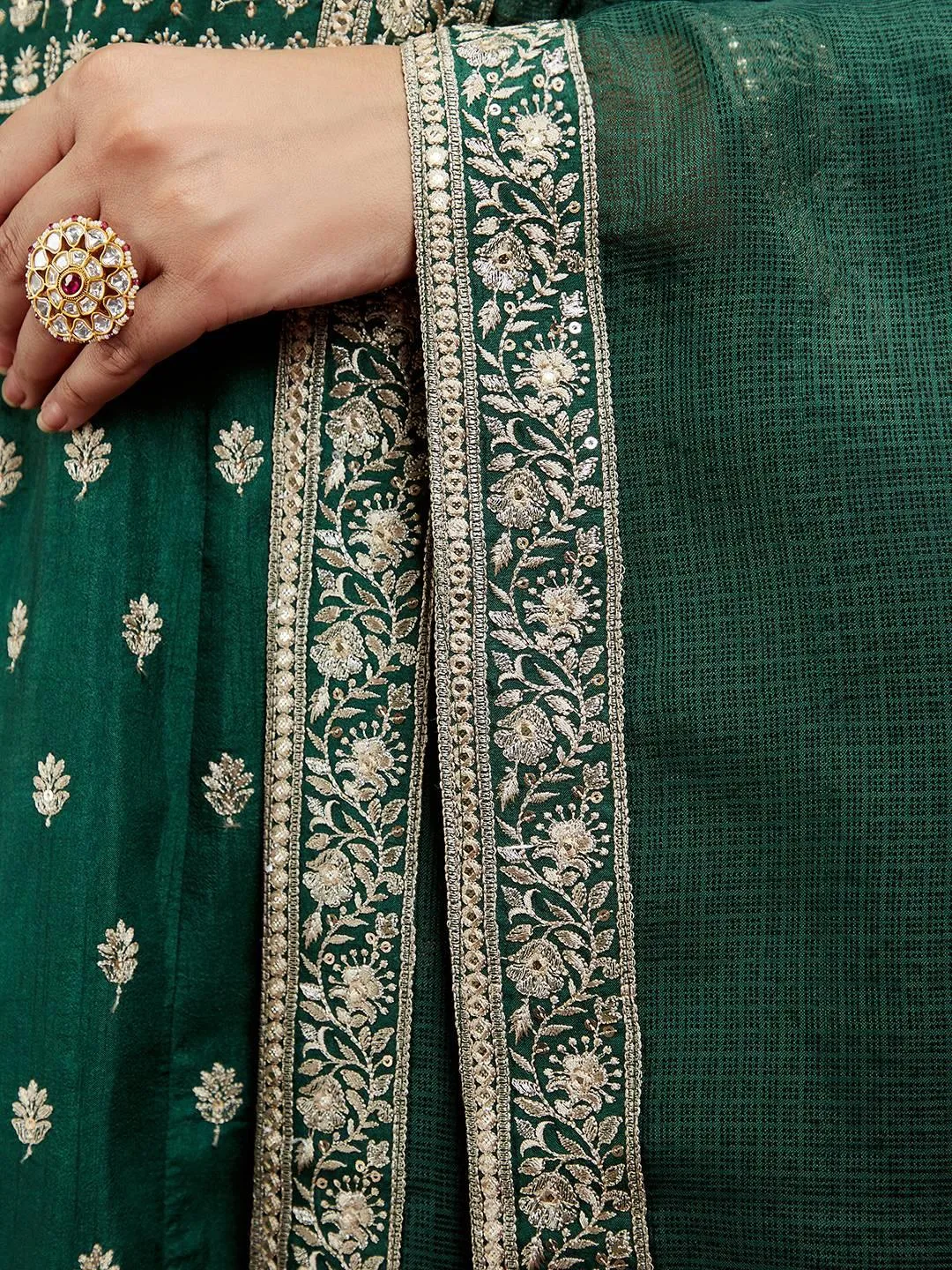Jashvi Art Bottle Green Embroidered Silk A-Line Kurta With Trousers & Dupatta