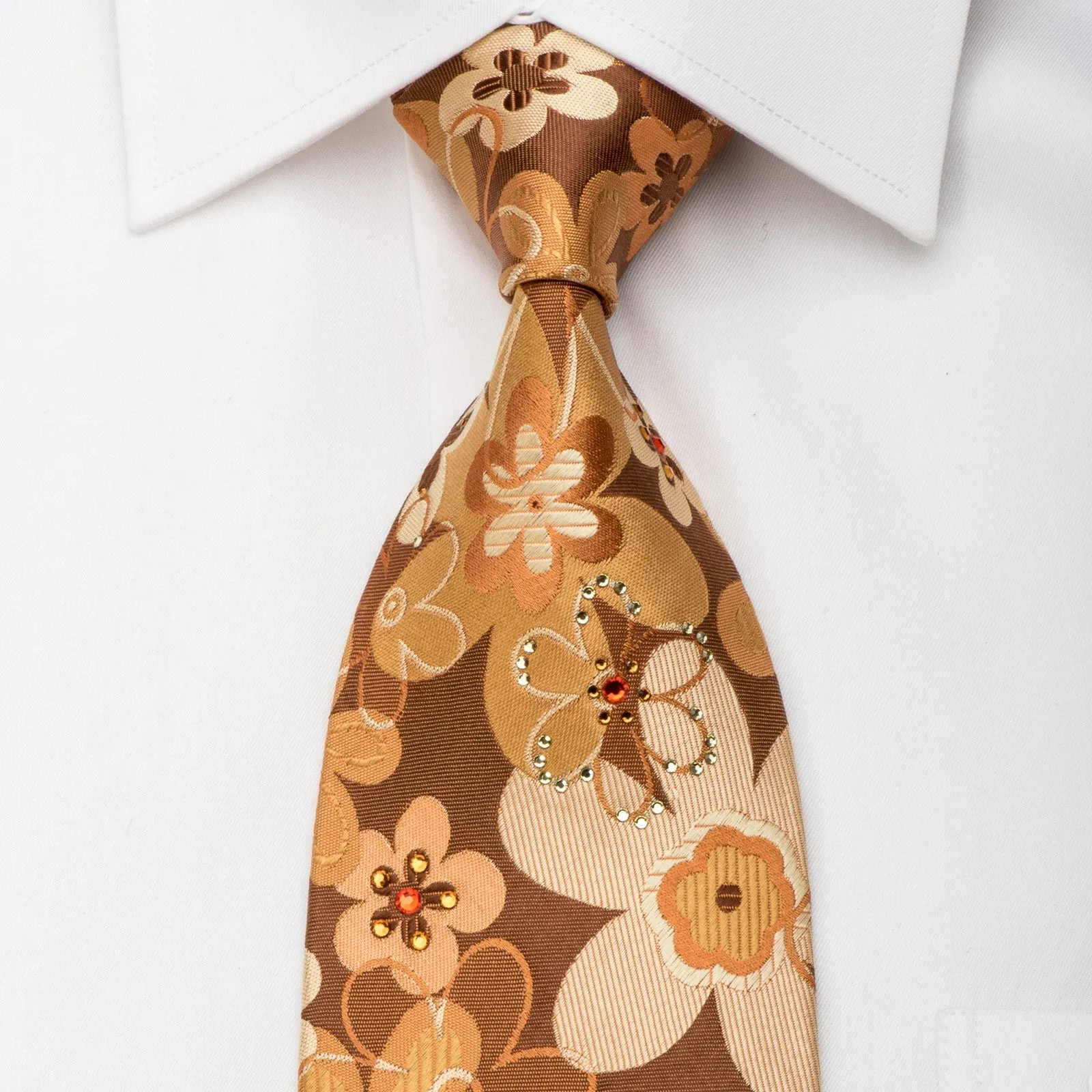 Lancetti Silk Necktie Floral On Brown Sparkling With Rhinestones