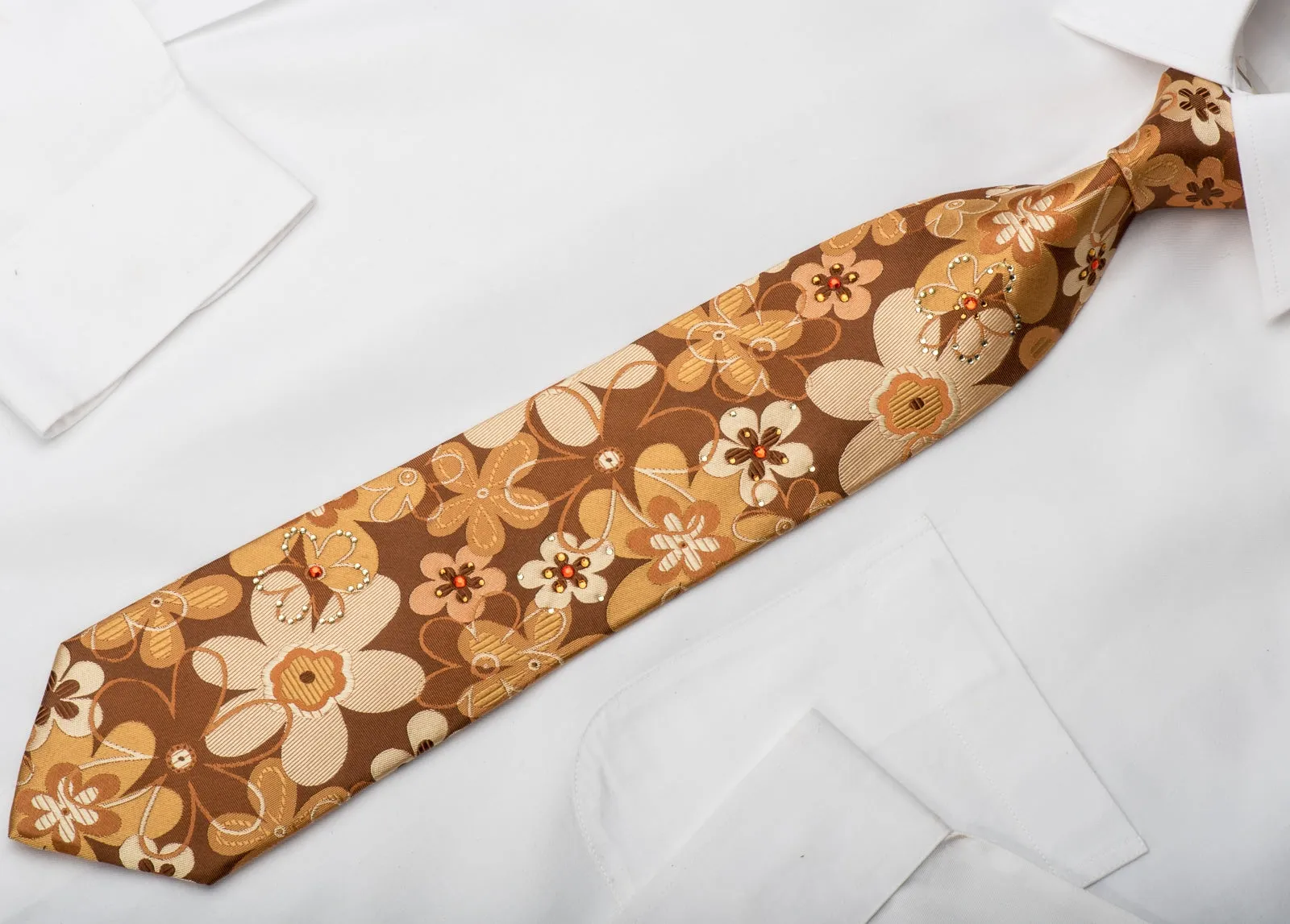 Lancetti Silk Necktie Floral On Brown Sparkling With Rhinestones