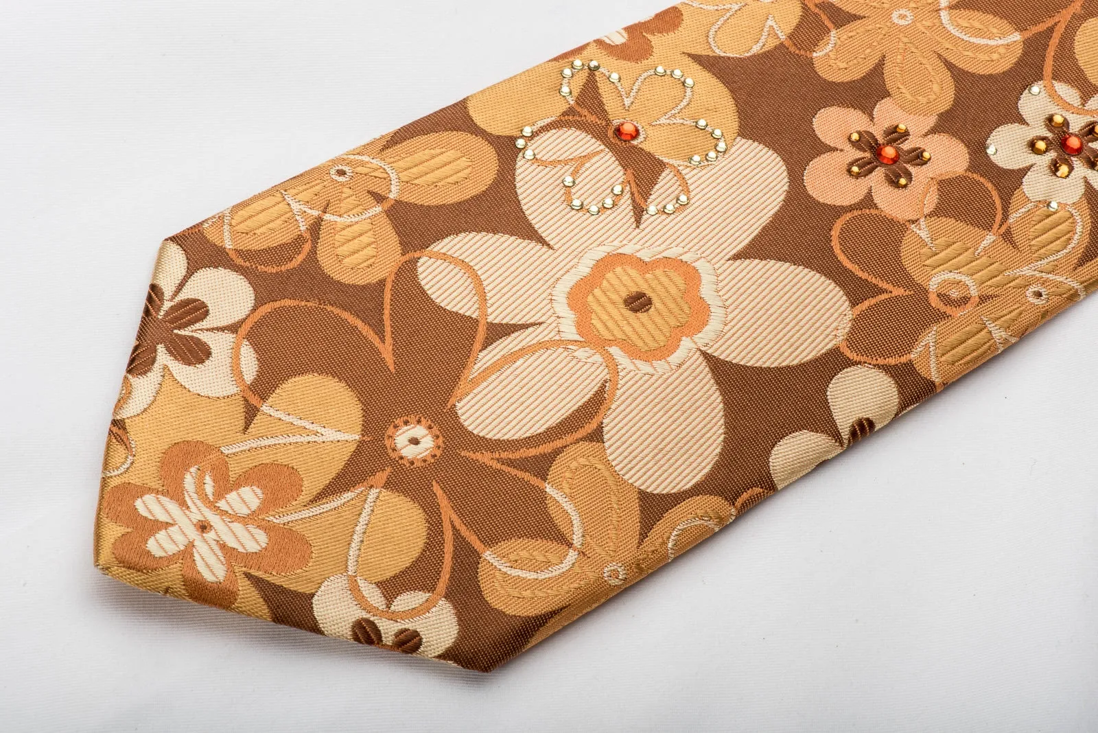 Lancetti Silk Necktie Floral On Brown Sparkling With Rhinestones