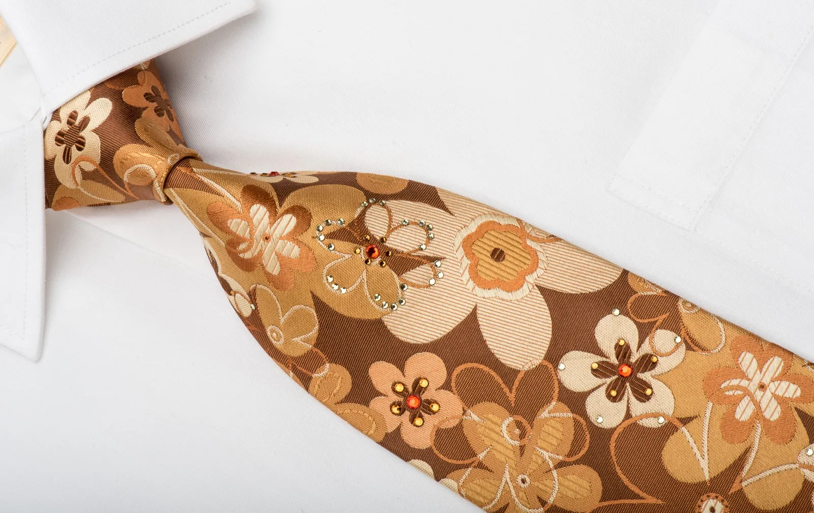 Lancetti Silk Necktie Floral On Brown Sparkling With Rhinestones