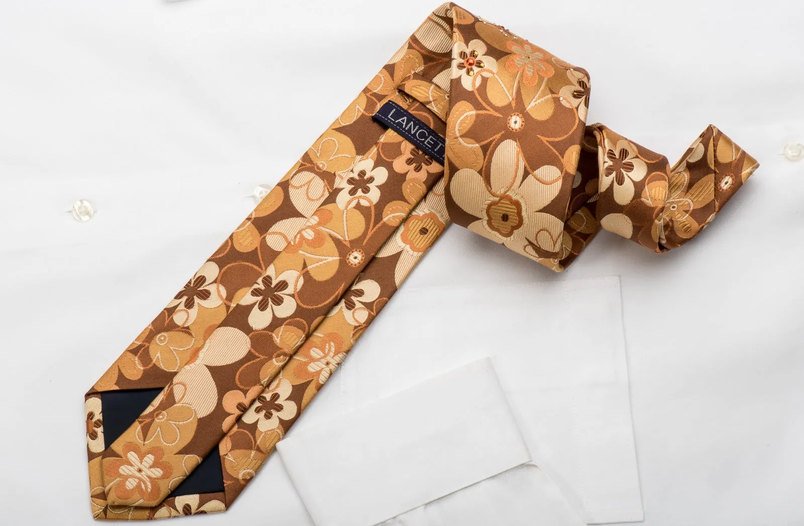 Lancetti Silk Necktie Floral On Brown Sparkling With Rhinestones