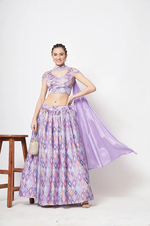 Lavender Chinon Silk Print With Sequins Work Lehenga Choli