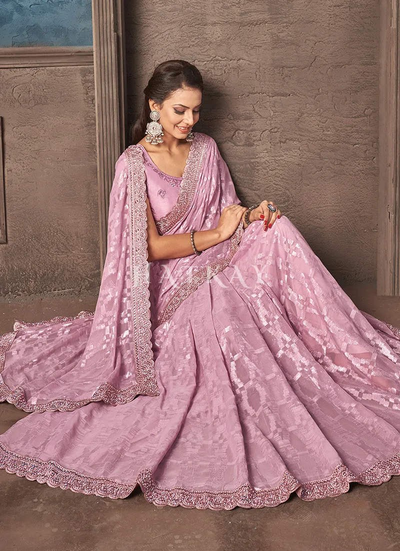 Lavender Mirror Work Embroidery Party Wear Saree