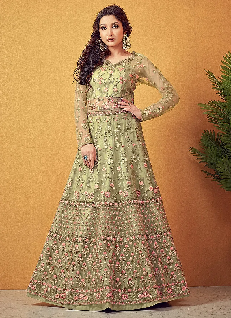 Light Green Multi Embroidered Designer Anarkali Lehenga Suit