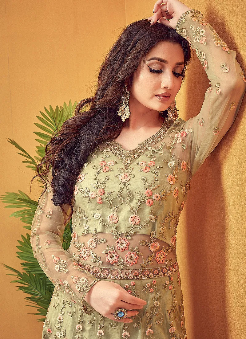 Light Green Multi Embroidered Designer Anarkali Lehenga Suit