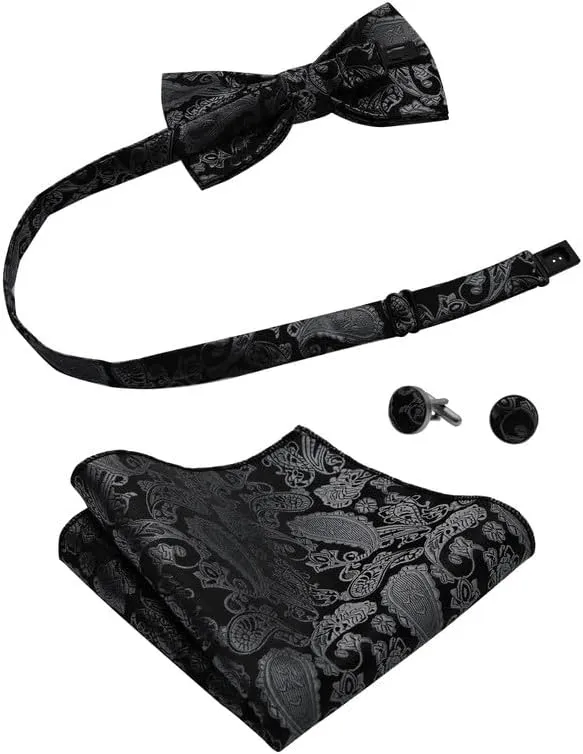 MAGE MALE Mens Bow Tie Set,Classic Paisley Pre-Tied Bowtie,Pocket Square and Cufflinks for Formal Wedding Party Prom