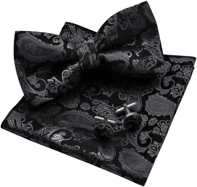 MAGE MALE Mens Bow Tie Set,Classic Paisley Pre-Tied Bowtie,Pocket Square and Cufflinks for Formal Wedding Party Prom