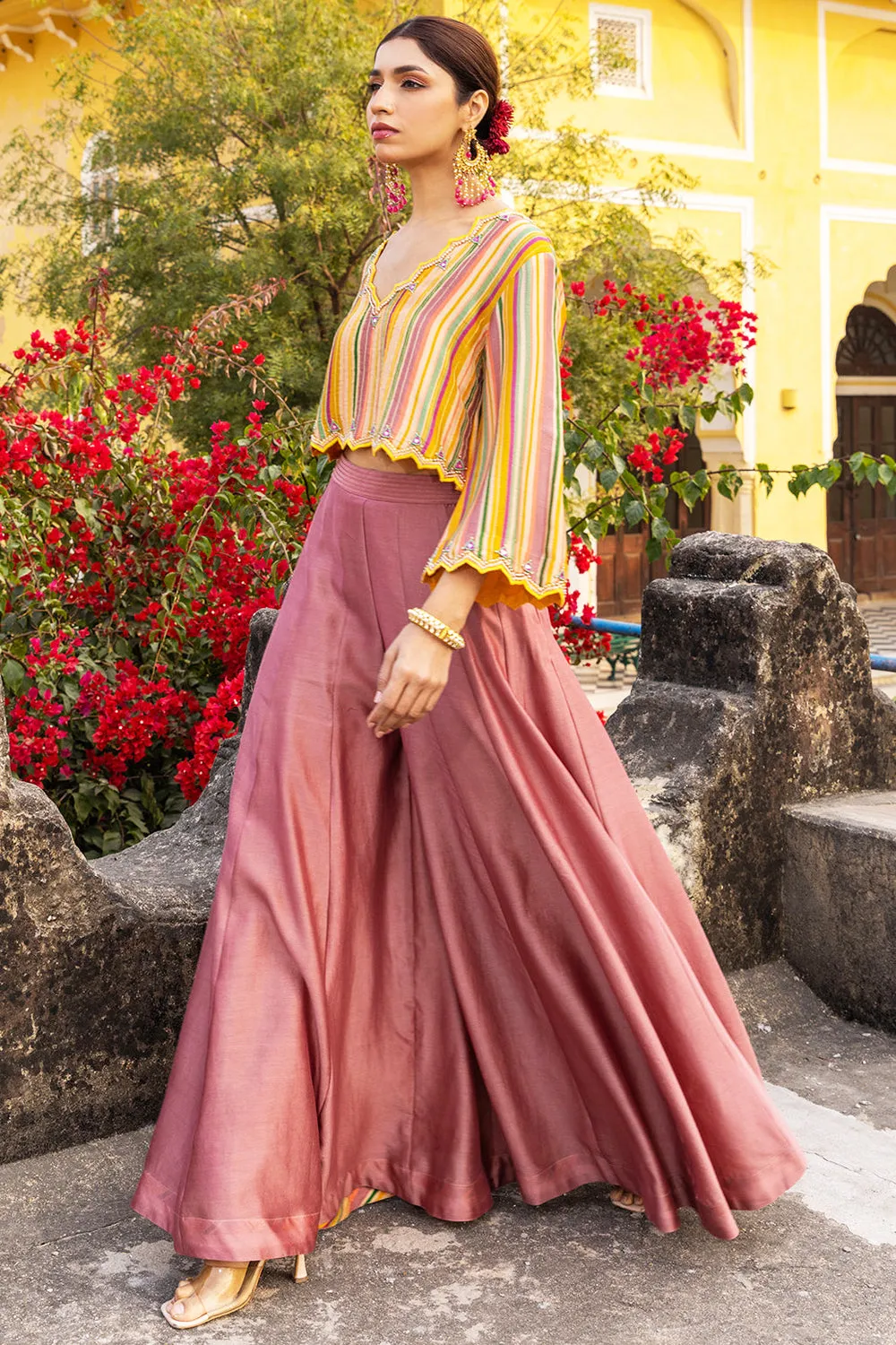 Multicolored Striped Crop Top Sharara Set