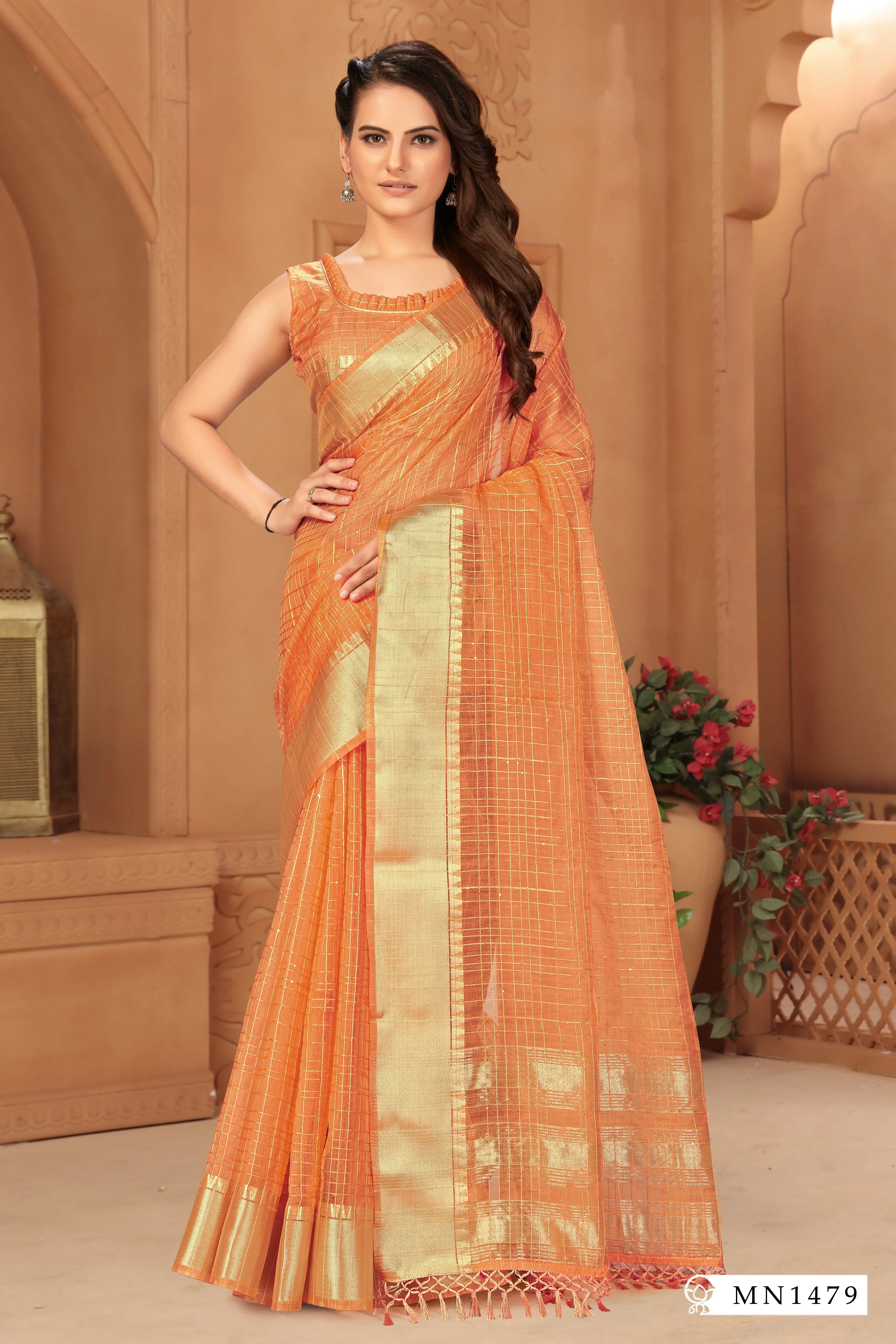 Orange Silk Checks Saree With Orange Blouse