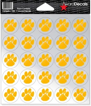 Paw (Yellow Gold on Clear) Sticker Set (100 Decals) 1" The Original Award Decals Premium 20mil Thick Helmet Decals Made in The USA Since 1976