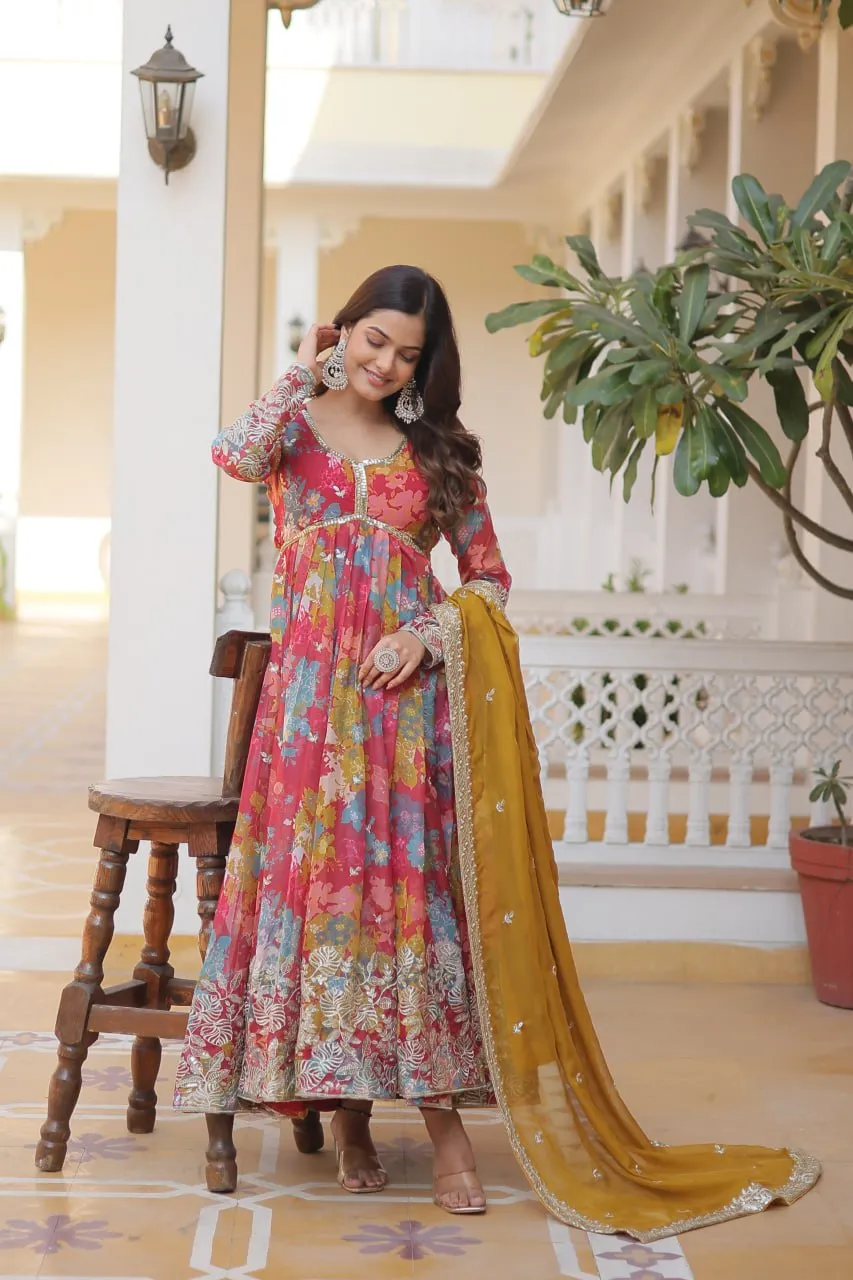 Pink Elegant Alia Cut Gown | Digital Print & Sequins | Readymade Luxury Look