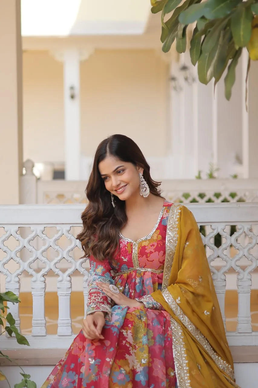Pink Elegant Alia Cut Gown | Digital Print & Sequins | Readymade Luxury Look