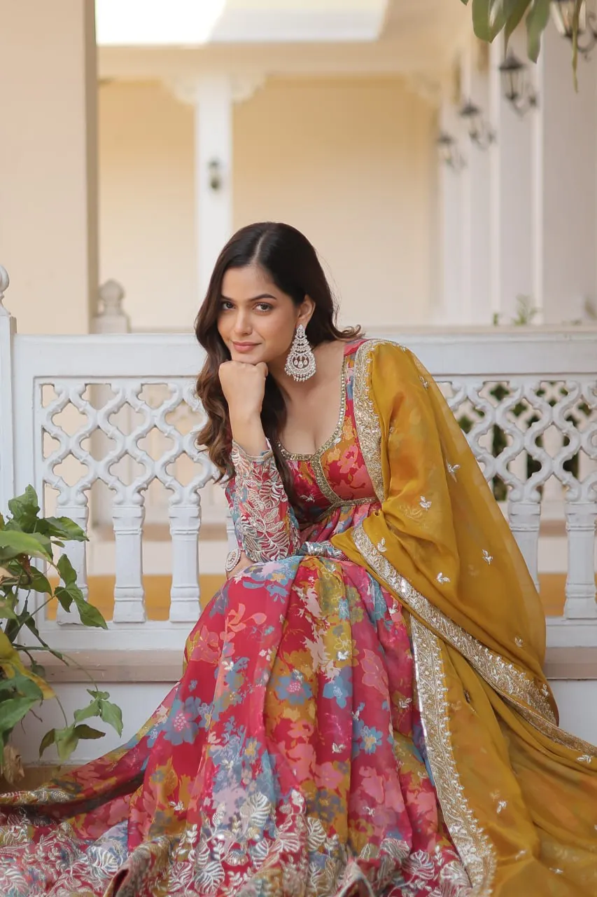 Pink Elegant Alia Cut Gown | Digital Print & Sequins | Readymade Luxury Look