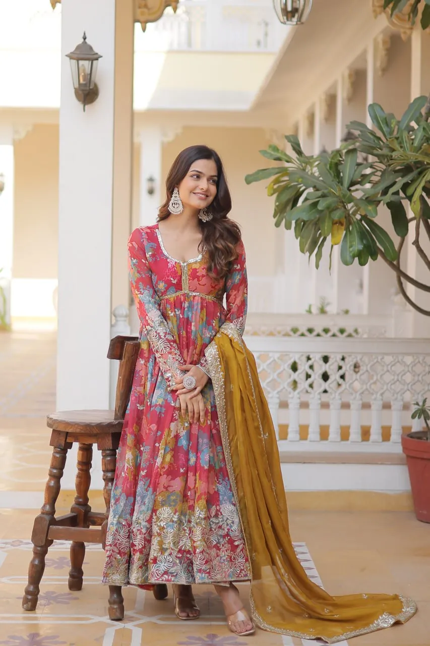 Pink Elegant Alia Cut Gown | Digital Print & Sequins | Readymade Luxury Look