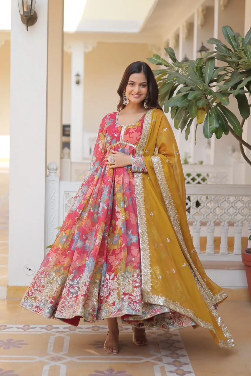 Pink Elegant Alia Cut Gown | Digital Print & Sequins | Readymade Luxury Look
