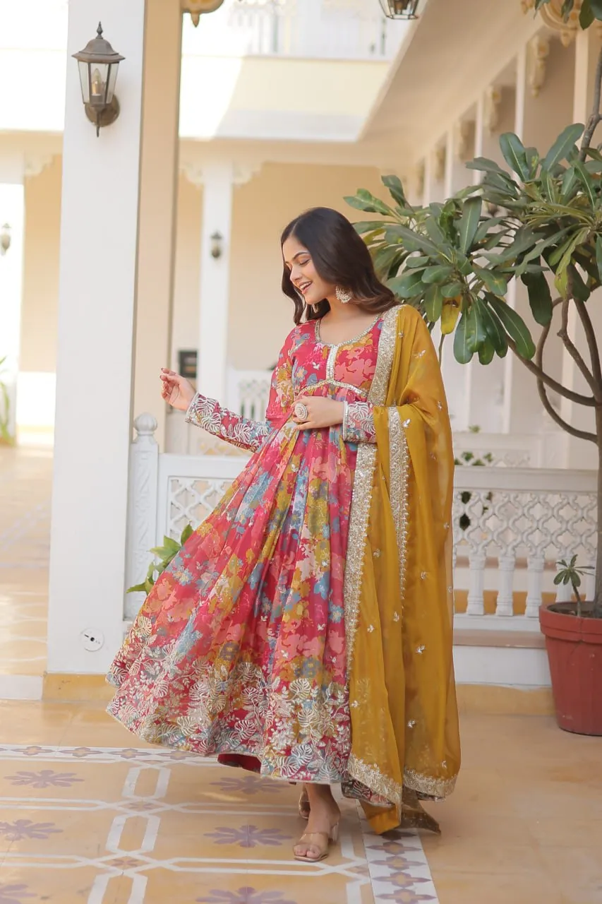 Pink Elegant Alia Cut Gown | Digital Print & Sequins | Readymade Luxury Look