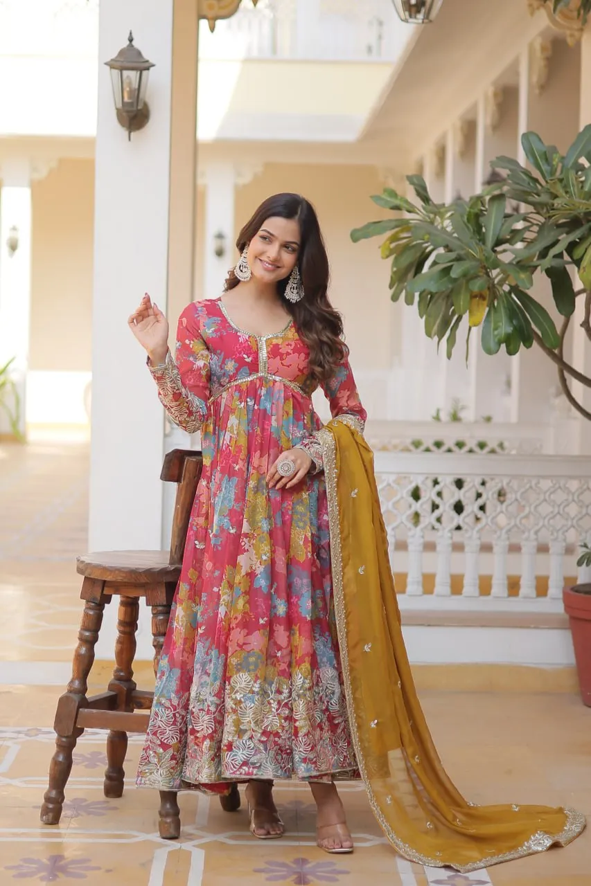 Pink Elegant Alia Cut Gown | Digital Print & Sequins | Readymade Luxury Look