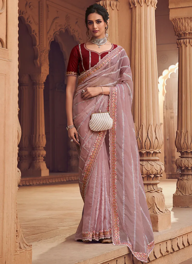 Pink Two Tone Traditional Embroidery Organza Silk Saree