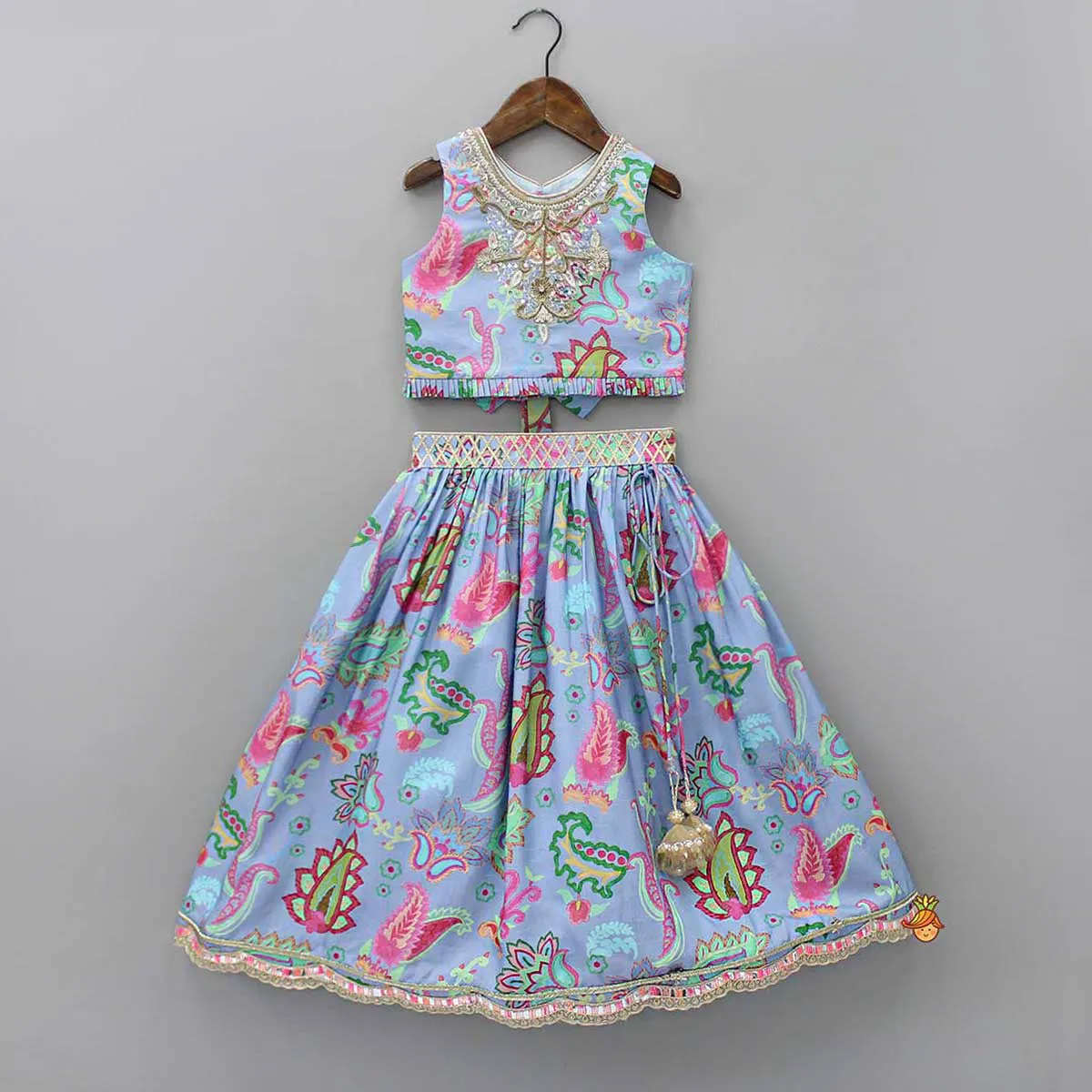 Pre Order: Zardozi Embroidered Pleated Hem Blue Top And Lehenga With Checks Hair Band