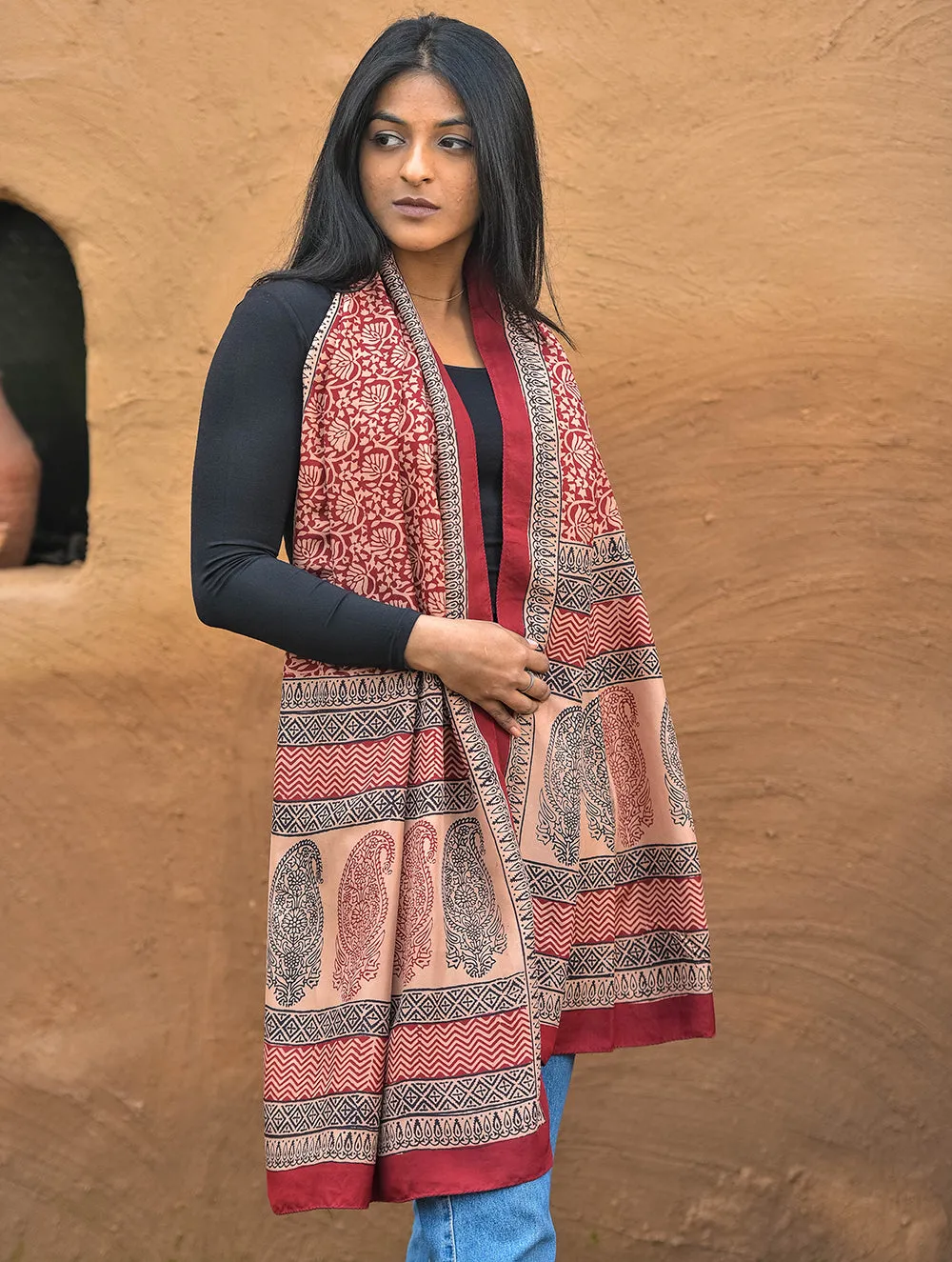 Pure Silk Bagh Printed Stole - Beige Flowers