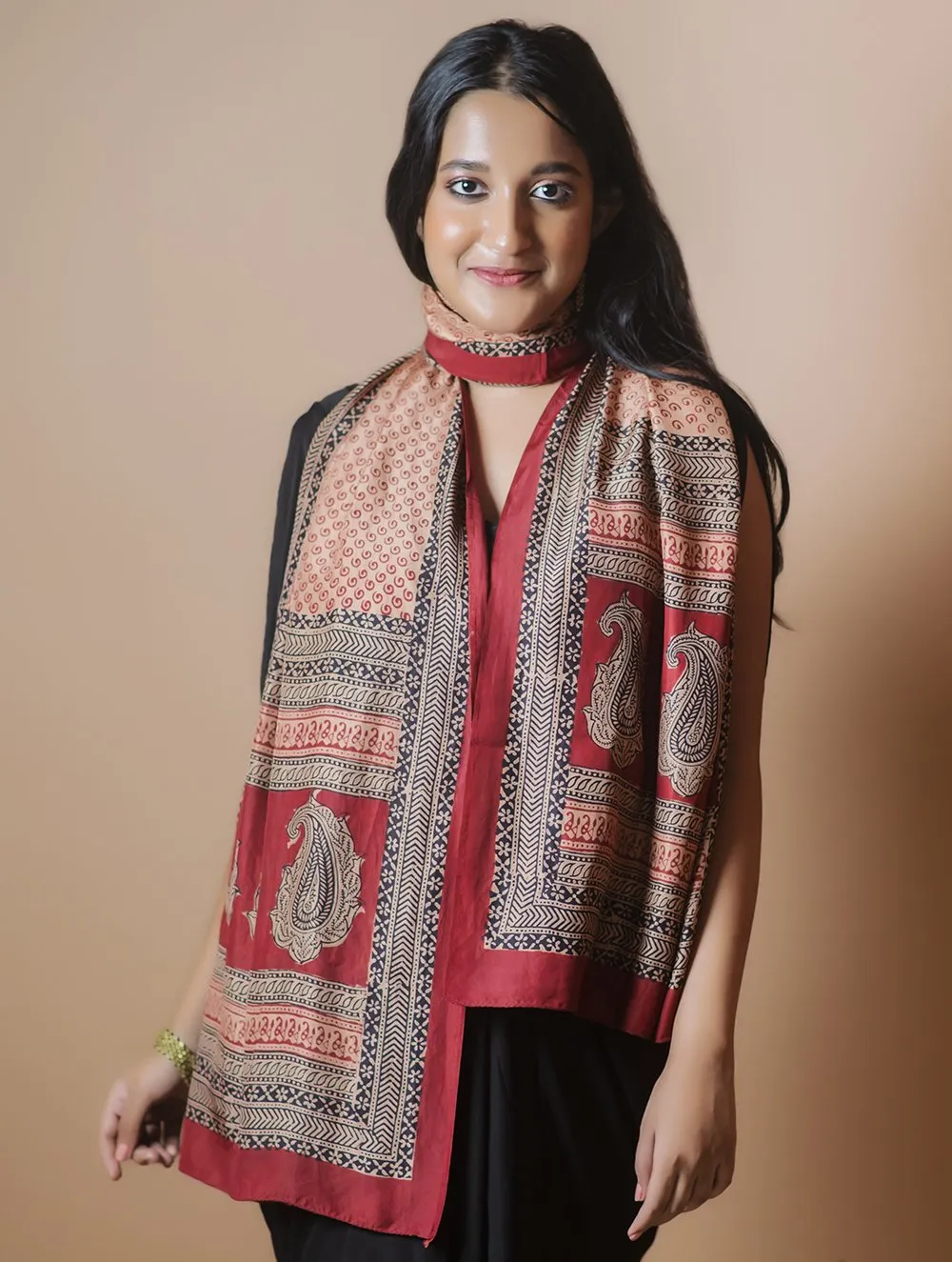 Pure Silk Bagh Printed Stole - Red Circle