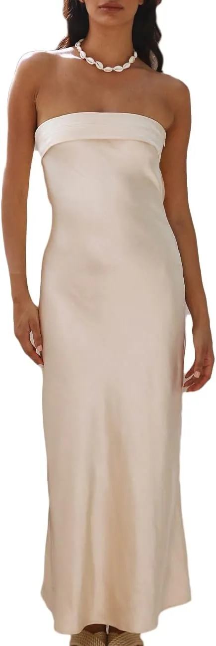 Realtix Satin Silk Backless Tube Tops Maxi Dress for Women Low Back Hollow Out Elegant Strapless Long Dresses Wedding Guest